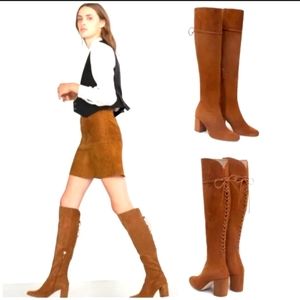 ZARA CAMEL BROWN GENUINE SUEDE LACE UP BOOTS WITH SIDE ZIPPER NWT W/DUSTBAG 👢